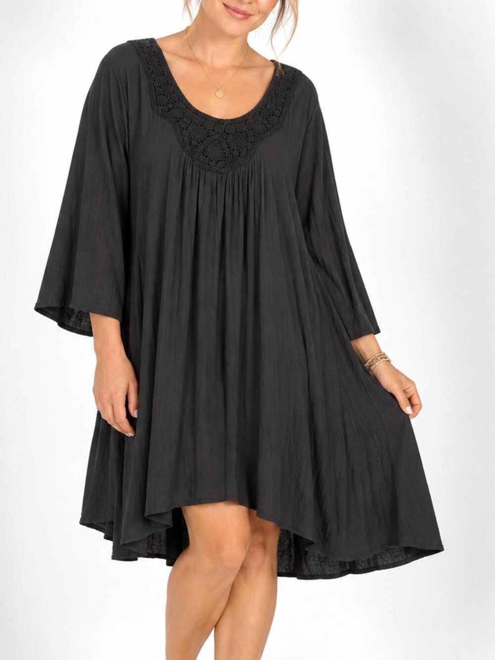 Wrangler XXL Black Crochet Yoke Boho Flowy Swing Dress Tunic